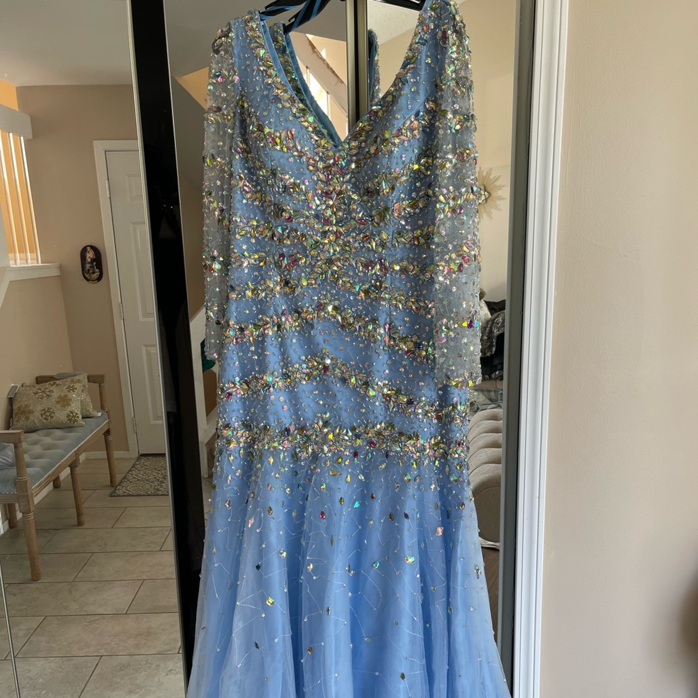 Long sleeve beaded blue dress